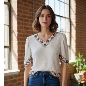 Creative Touch Vintage 100% Silk Beaded Floral V-Neck Blouse White Red Blue